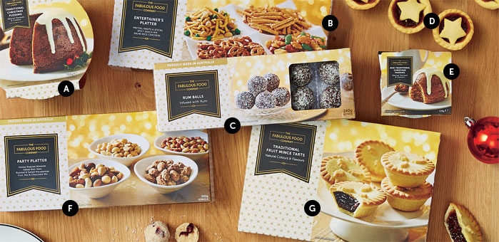 The Fabulous Food Company A. Traditional Christmas pudding. 700g B. Entertainer’s platter. 280g C. 12 pack rum balls. 240g D. 8 pack Luxury cherry and fruit mince mini tarts. 224g E. Mini Traditional Christmas pudding. 110g F. Party platter. 300g G. 6 pack Traditional fruit mince tarts. 360g The Fabulous Food Company A. Traditional Christmas pudding. 700g B. Entertainer’s platter. 280g C. 12 pack rum balls. 240g pack D. 8 pack Luxury cherry and fruit mince mini tarts. 224g E. Mini Traditional Christmas pudding. 110g F. Party platter. 300g G. 6 pack Traditional fruit mince tarts. 360g