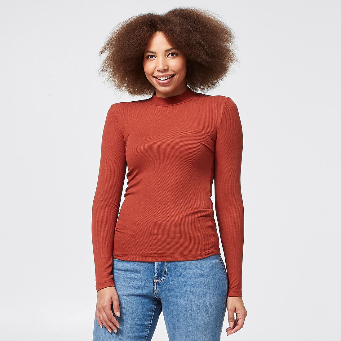 Mock Neck Ribbed Skivvy - Burnt Orange 