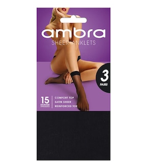 Ambra 3 Pack 15 Denier Sheer Ankle High Pantyhose - Black