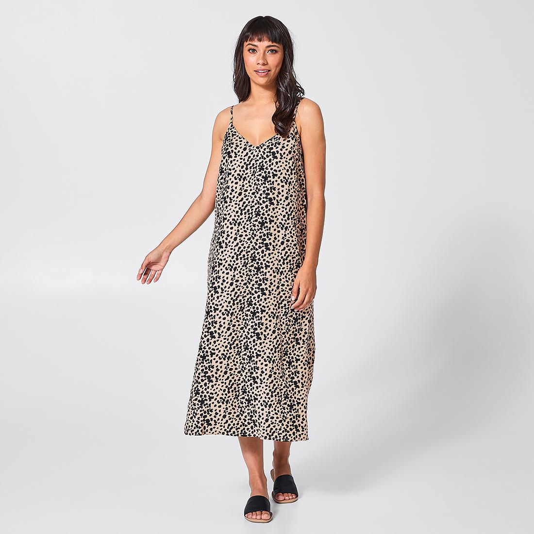 black leopard print jersey split cami midi dress