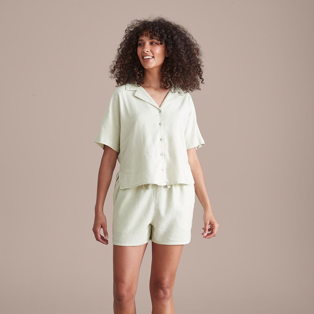Linen Blend Sleep Shirt and Shorts Set 