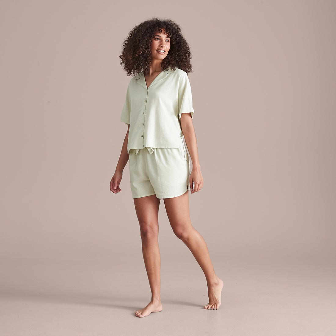Linen Blend Sleep Shirt and Shorts Set 