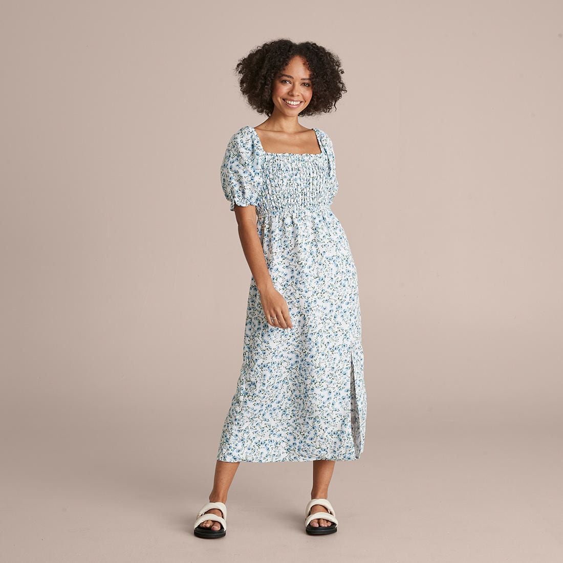 Puff Sleeve Shirred Bodice Midi Dress 