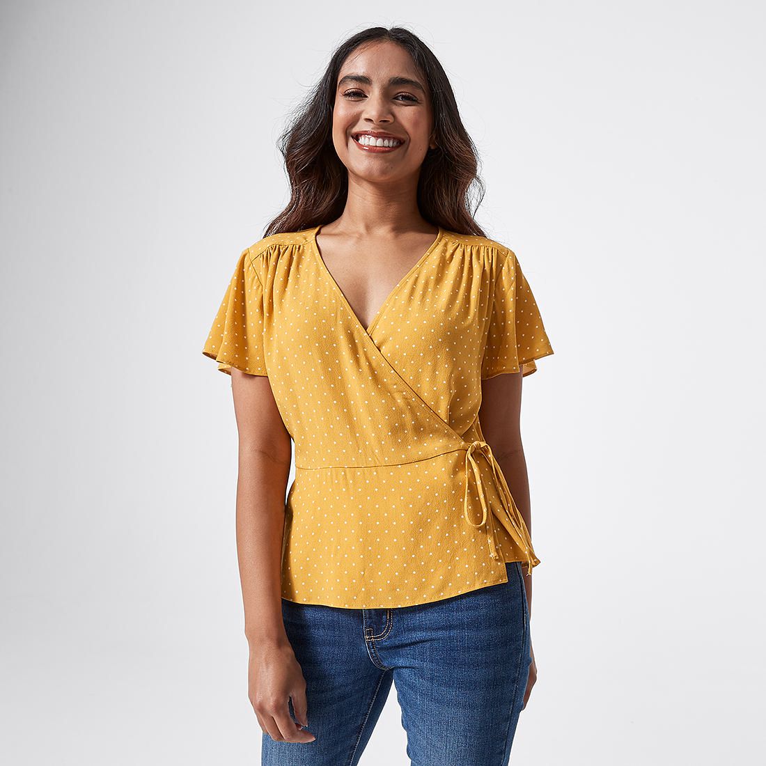 white short sleeve wrap top