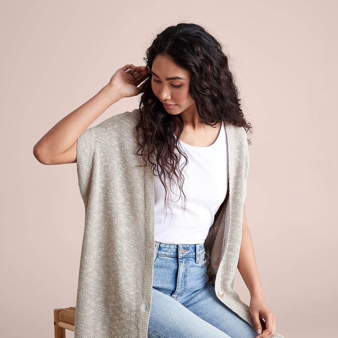 Linen Blend Sleeveless Cardigan 