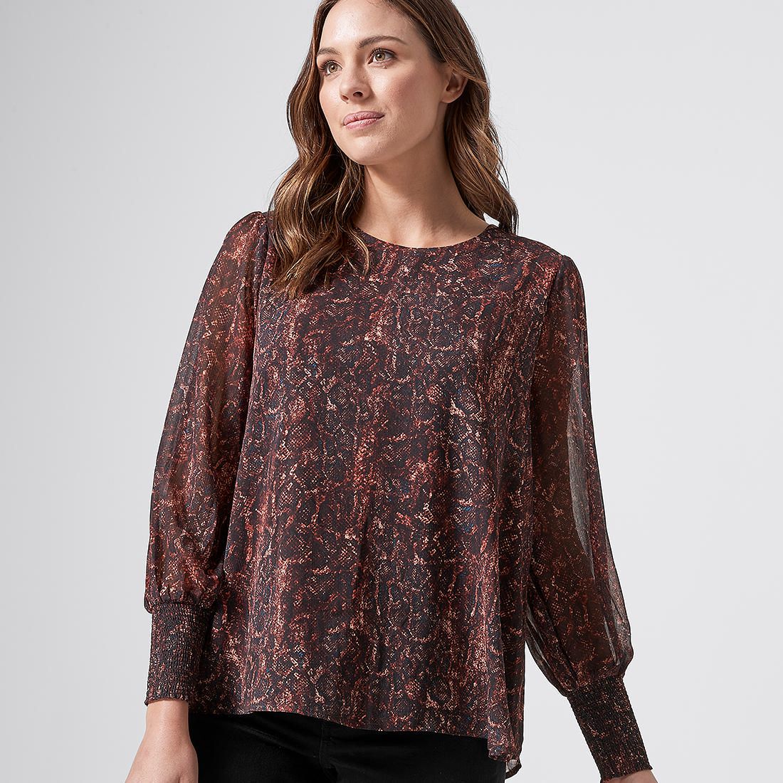 Long Sleeve Shirred Cuffed Blouse 