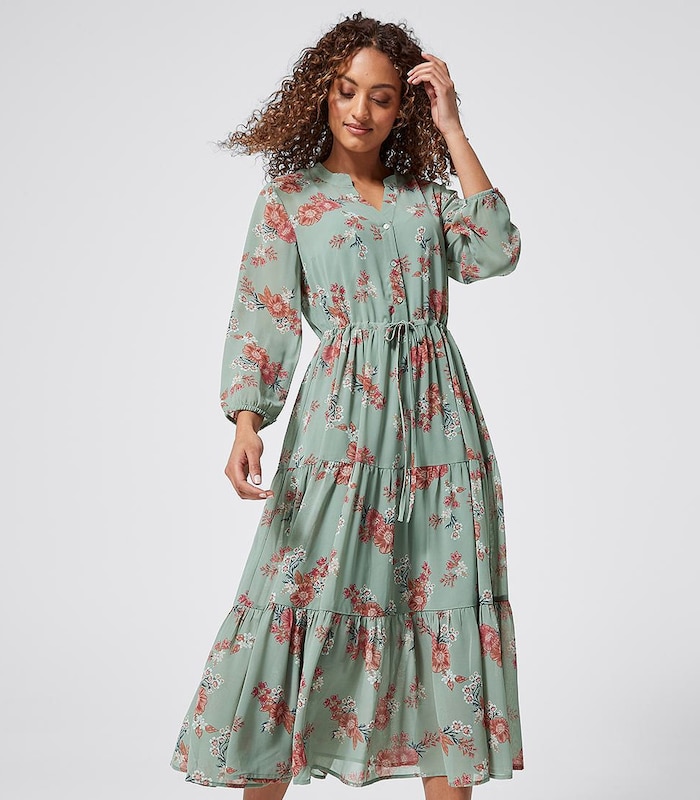 Long Sleeve Tiered Midi Dress - Sage Green Floral | Target Australia