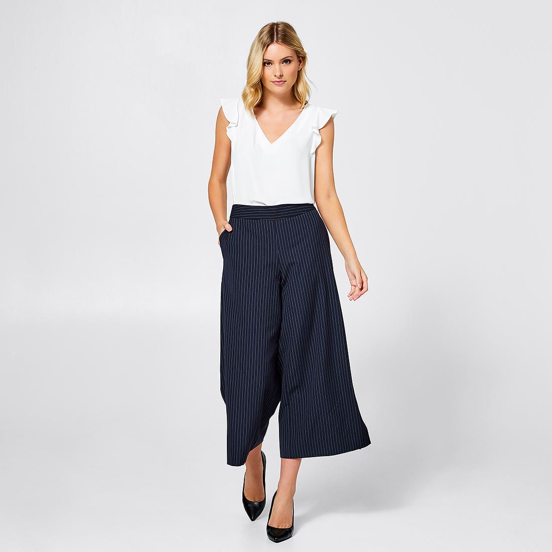 Preview Wide Leg Pants - Navy Pinstripe 