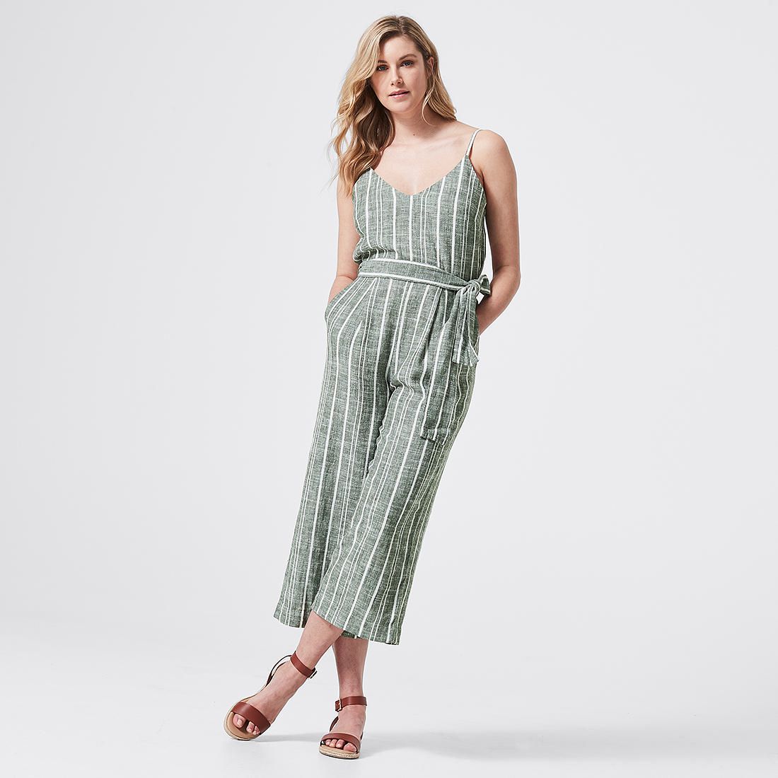 Linen Blend Cami Jumpsuit - Thyme Green 