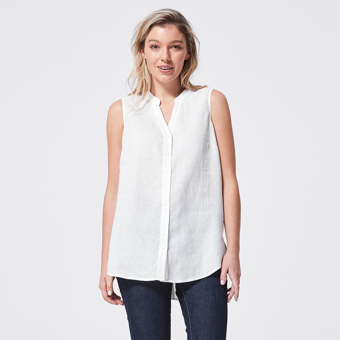 European Linen Sleeveless Shirt - White 