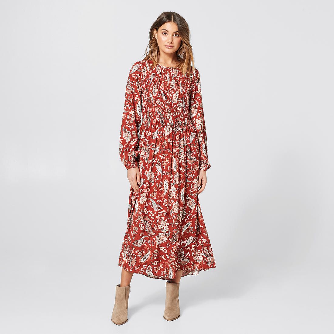 red paisley print dress