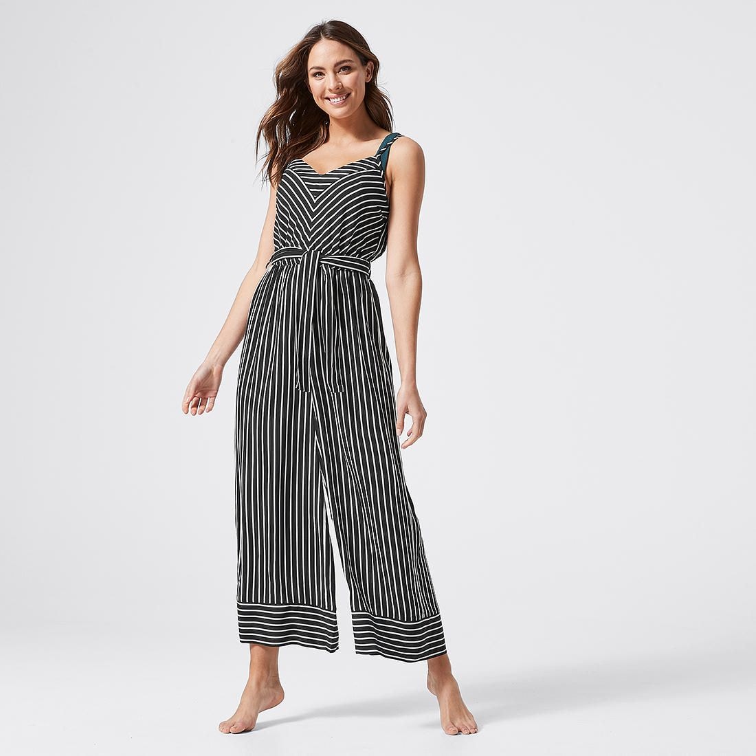 black and white jumpsuit striped