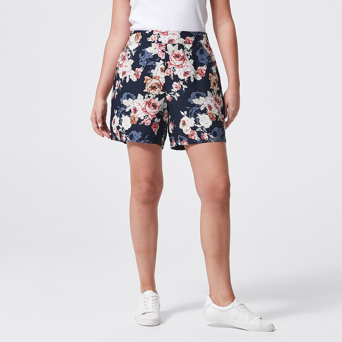 blue and white patterned shorts