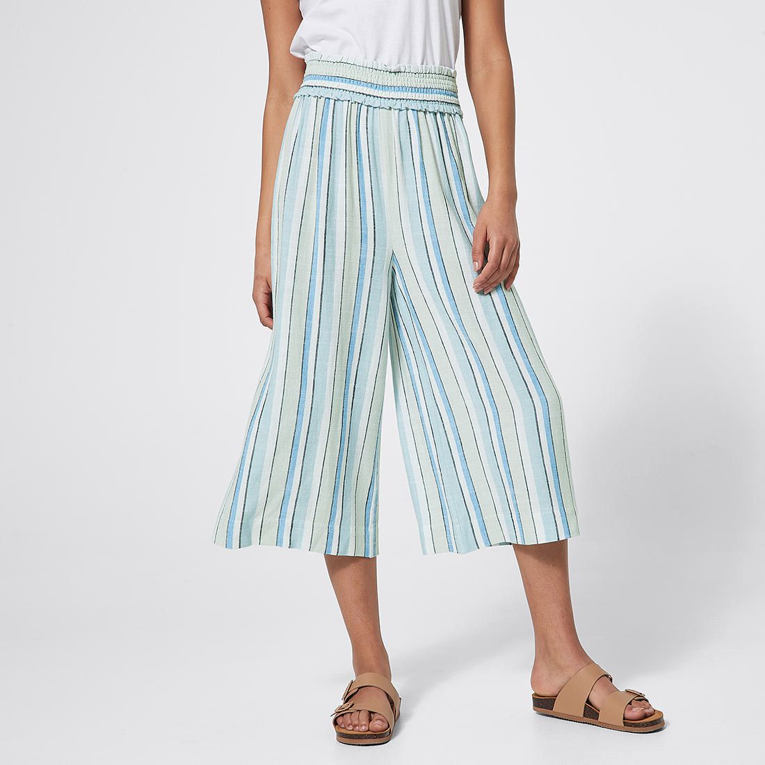 blue striped wide leg pants