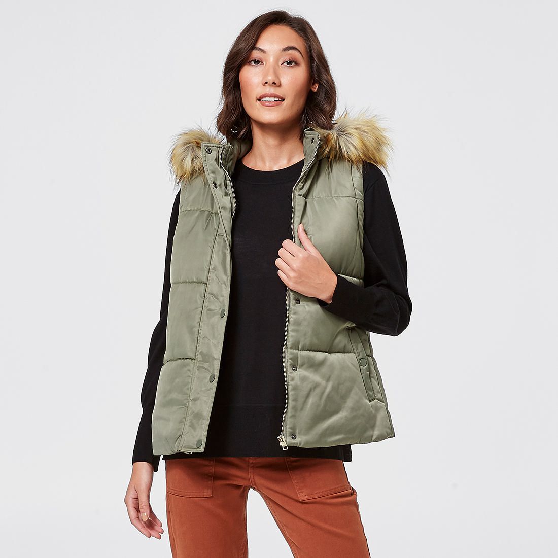 white puffer vest with fur hood