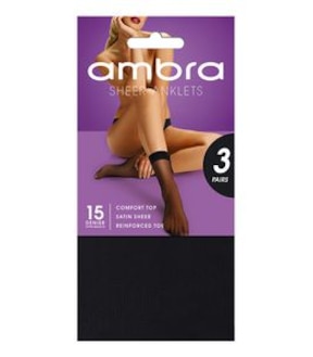 Ambra 3 Pack 15 Denier Sheer Ankle High Pantyhose - Black