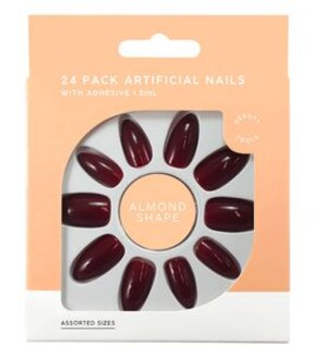 24 Pack Almond Shaped Artificial Nails - Burgundy Red