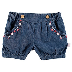Babyhug Mid Thigh Washed & Embroidered Denim Shorts - Blue