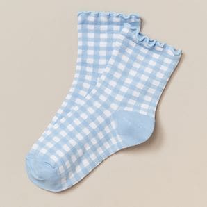 Quarter Crew Frill Socks - Gingham Frill Blue