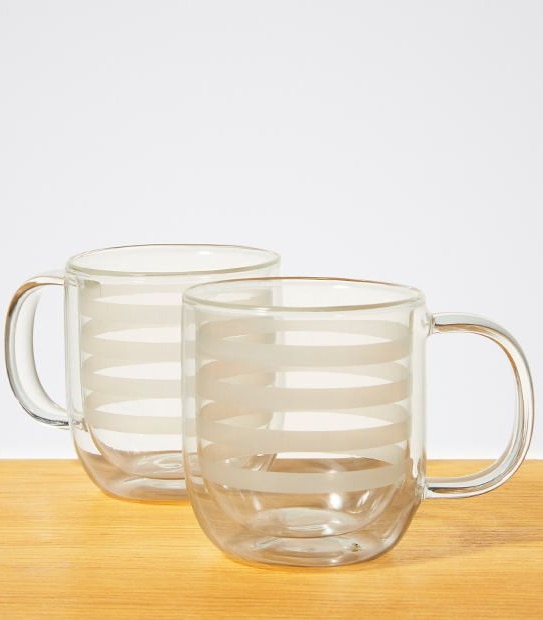 Two Pack of Stripe Double Wall Glass Mugs