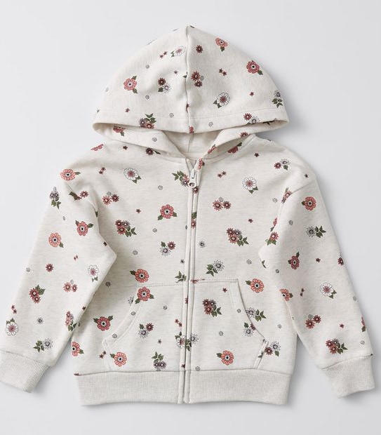 Floral Print Zip Thru Hoodie - Vanilla
