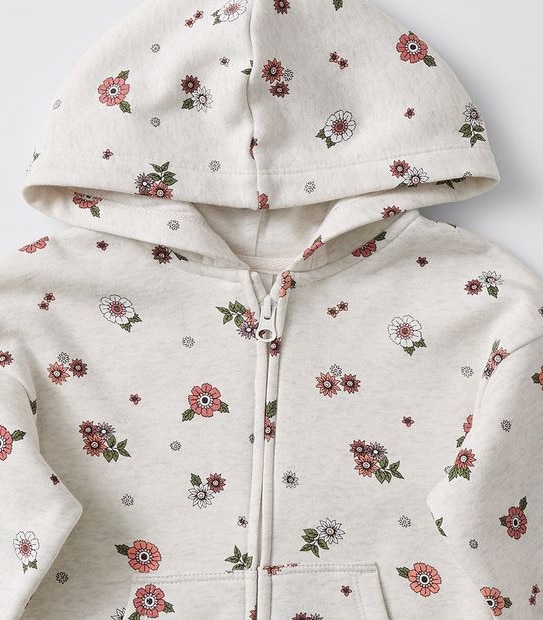 Floral Print Zip Thru Hoodie - Vanilla