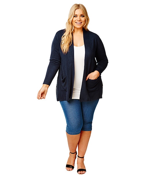 Belle Curve Cashmere Feel Side Split Cardigan - Navy