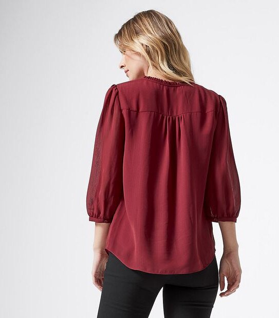 Preview 3/4 Sleeve Dobby Tie Neck Blouse - Tibetan Red