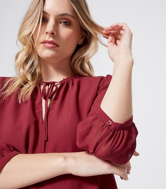 Preview 3/4 Sleeve Dobby Tie Neck Blouse - Tibetan Red