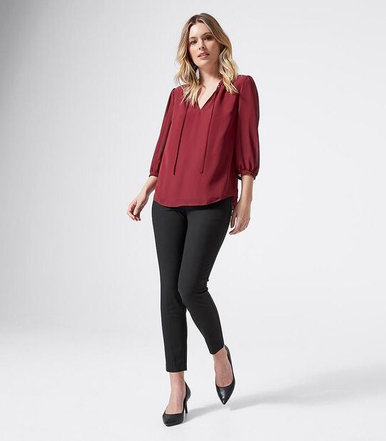 Preview 3/4 Sleeve Dobby Tie Neck Blouse - Tibetan Red