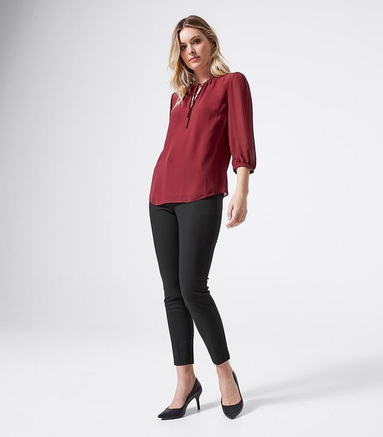 Preview 3/4 Sleeve Dobby Tie Neck Blouse - Tibetan Red