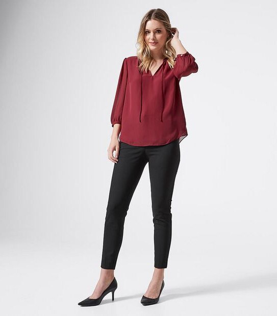 Preview 3/4 Sleeve Dobby Tie Neck Blouse - Tibetan Red