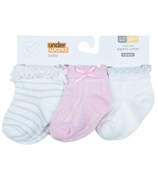 Underworks Baby 3 Pack Organic Cotton Party Socks