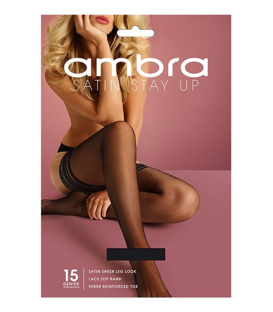 Ambra 1 Pack 15 Denier Satin Stay Up Pantyhose - Black