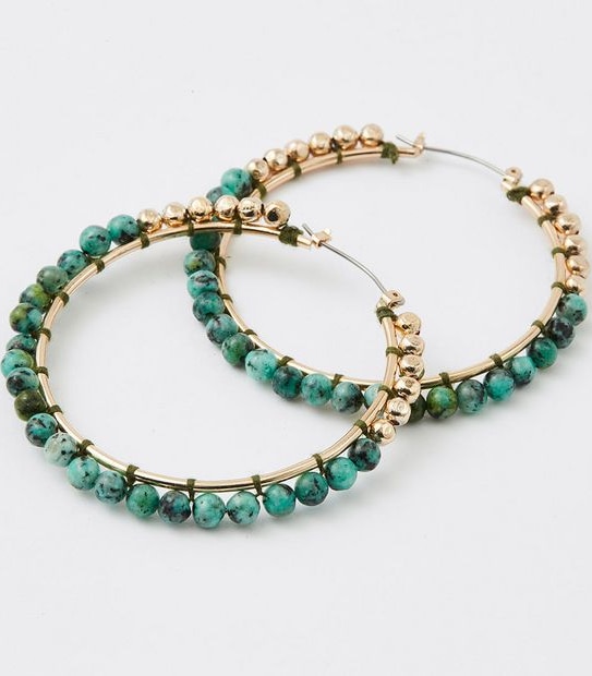 Beaded Hoop Earrings - Khaki Green