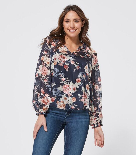 Ellie Peasant Blouse - Navy Blue Floral