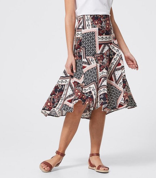 Linen Blend Bias Cut Midi Skirt _ Scarf Print