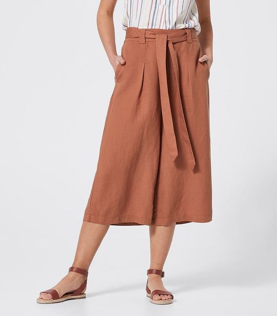 Linen Blend Belted Culotte Pants - Dark Watermelon Red
