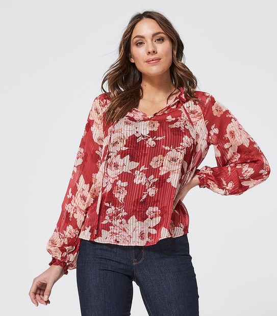 Ellie Peasant Blouse - Red Floral