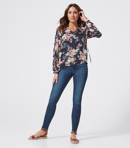 Ellie Peasant Blouse - Navy Blue Floral