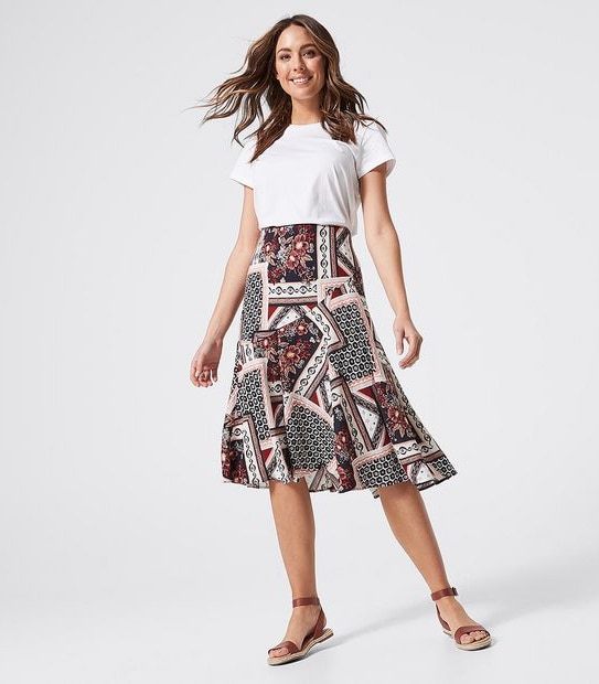 Linen Blend Bias Cut Midi Skirt _ Scarf Print
