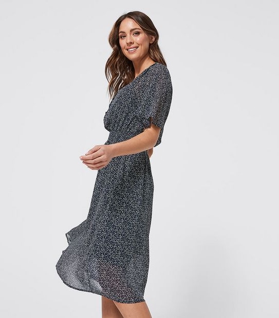 Flutter Sleeve Waisted Dress - Navy Blue Pebble Print