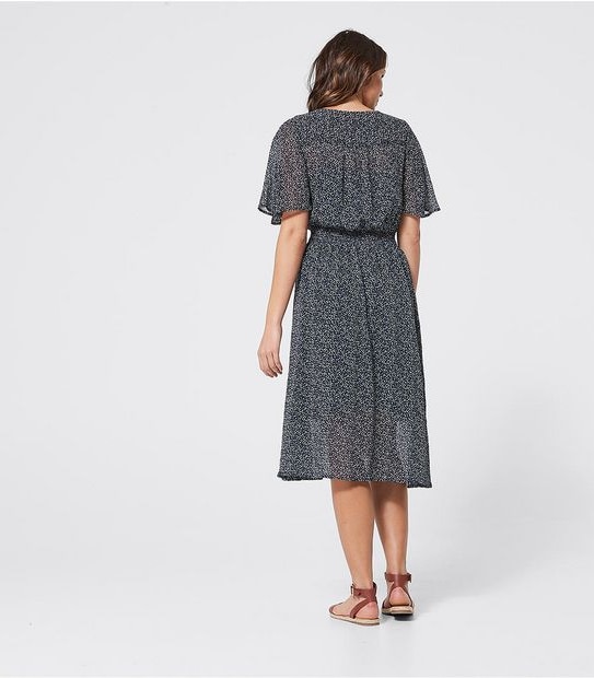 Flutter Sleeve Waisted Dress - Navy Blue Pebble Print