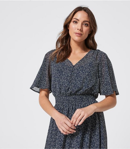 Flutter Sleeve Waisted Dress - Navy Blue Pebble Print