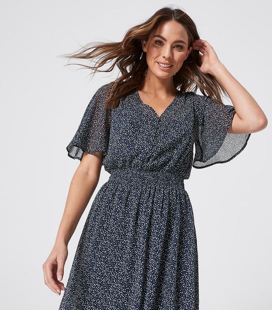 Flutter Sleeve Waisted Dress - Navy Blue Pebble Print