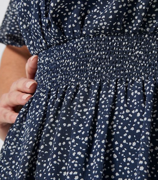 Flutter Sleeve Waisted Dress - Navy Blue Pebble Print