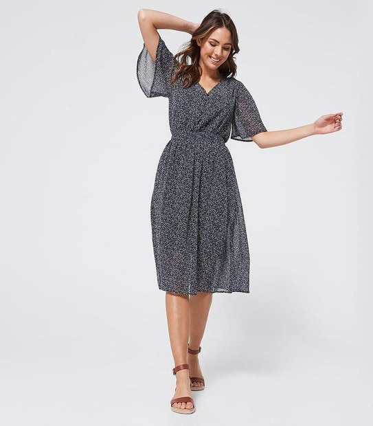 Flutter Sleeve Waisted Dress - Navy Blue Pebble Print