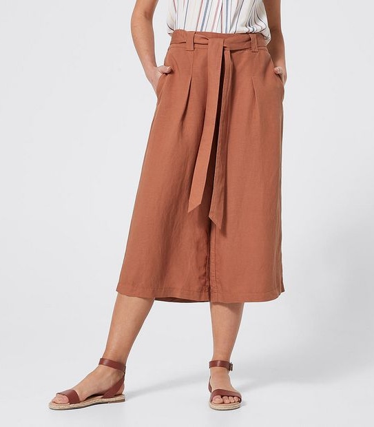 Linen Blend Belted Culotte Pants - Dark Watermelon Red