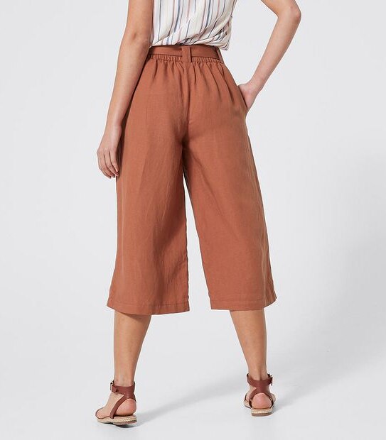 Linen Blend Belted Culotte Pants - Dark Watermelon Red
