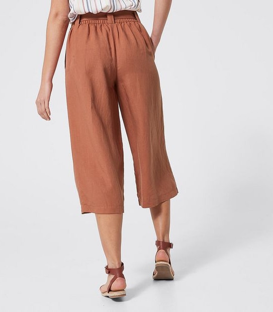 Linen Blend Belted Culotte Pants - Dark Watermelon Red